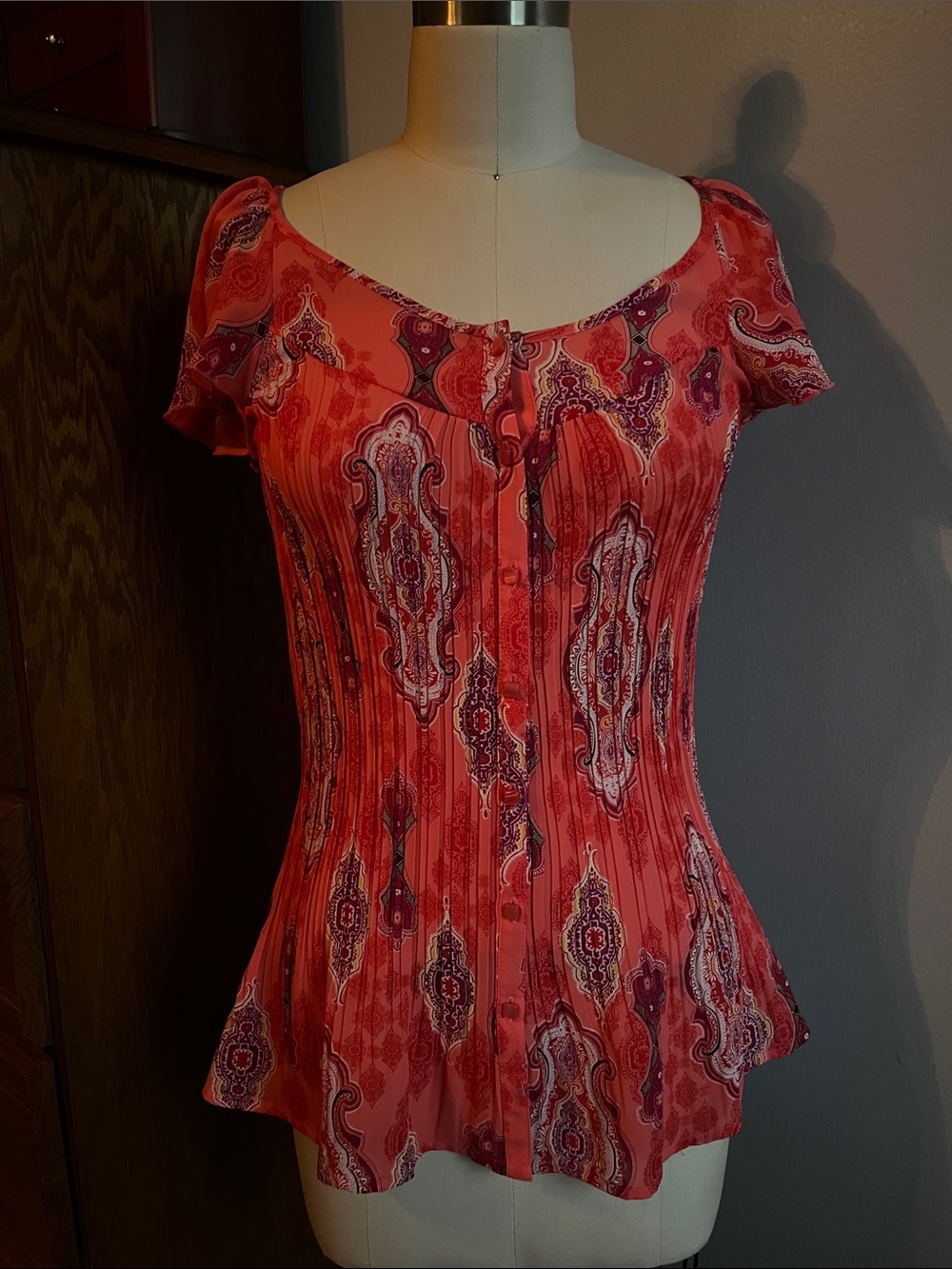 Fashion Bug Coral Paisley Scoop-Neck Button Front Blouse
